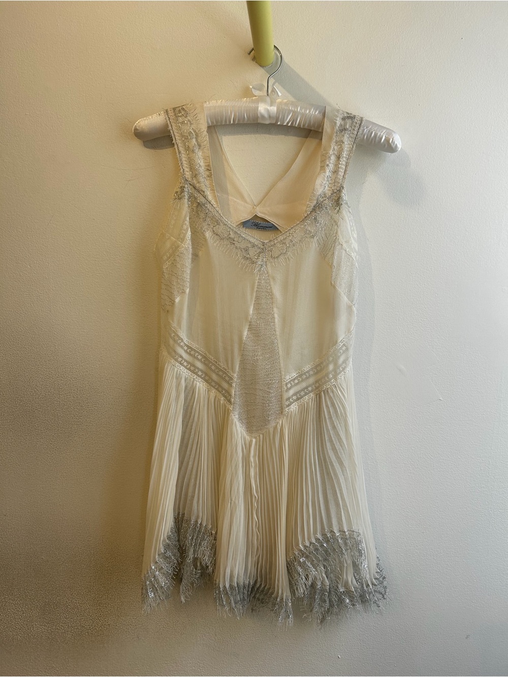 Blumarine Rare Ivory Pleated Mini Dress ~ Silk & Metallic Silver Lace